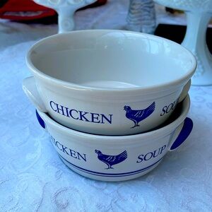 2 -Vintage FTDA blue Chicken hen on white Soup Bowls